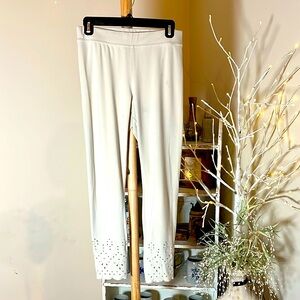 Hue M Beige straight leg pull on pants w/ cut out embroidered design on hems.